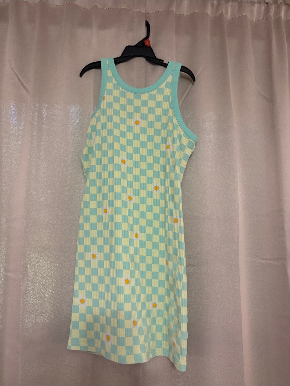 Old Navy Mint Green and Cream Checkerboard Tank Dress with Yellow Daisy Accents